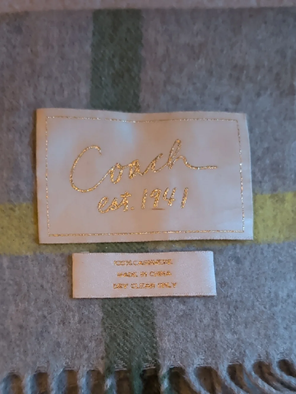 Coach Gray Plaid Cashmere Scarf with Yellow, Green & Purple Stripes - Picture 2 of 4